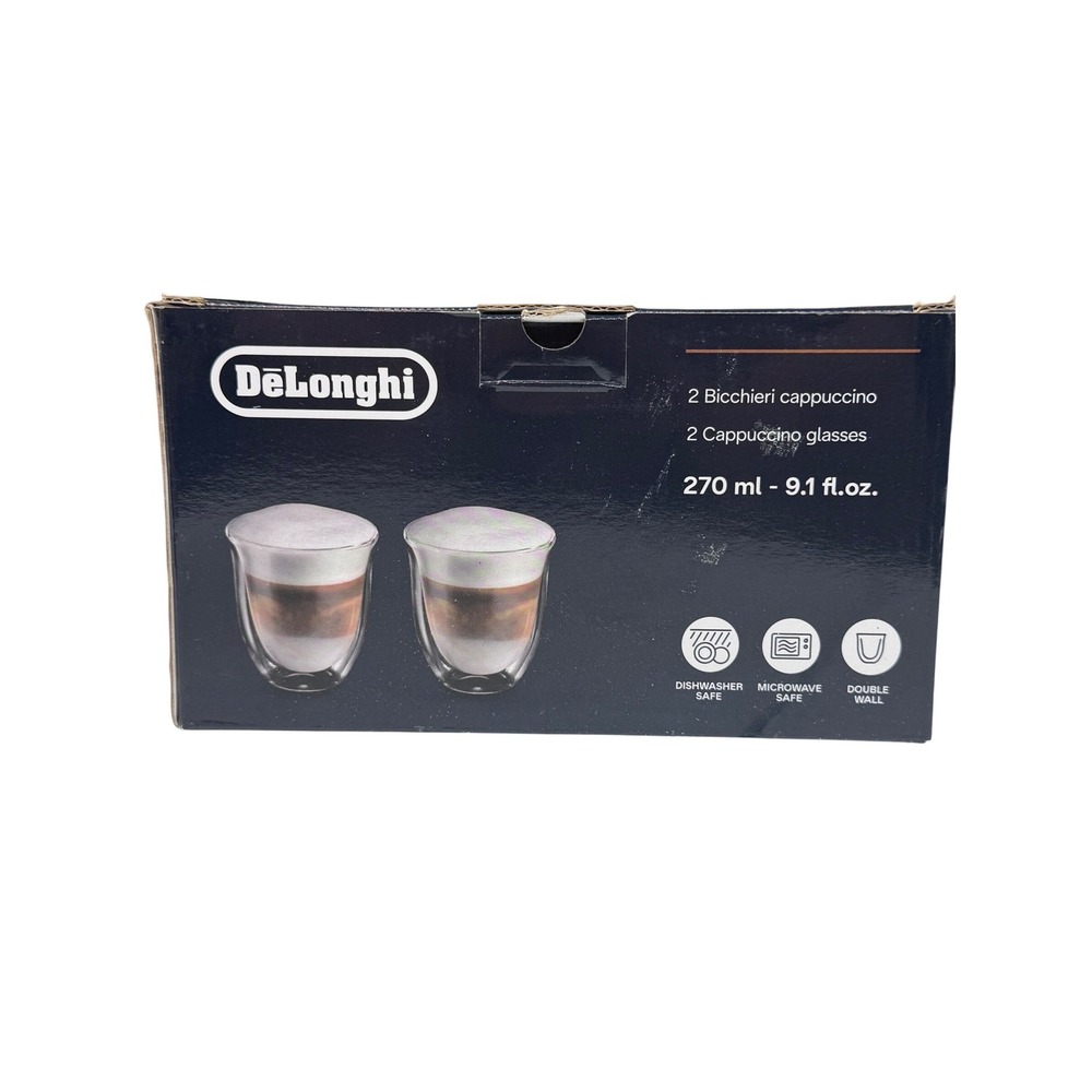 DeLonghi Double Wall Cappuccino Glasses Set of 2 Thermal Cups 270ml NEW